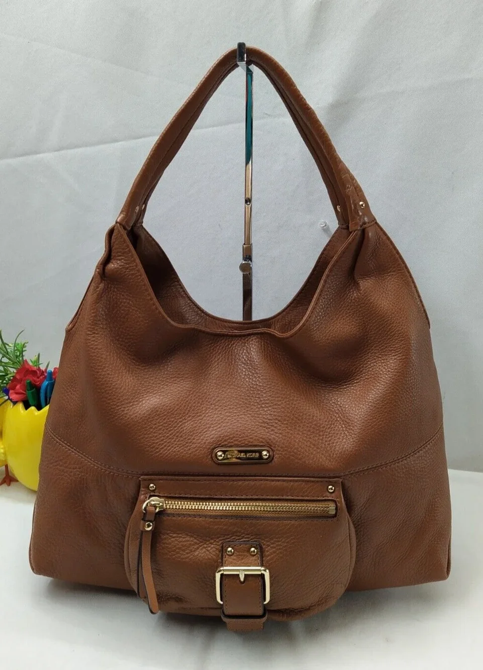 Michael Kors Fulton Brown Pebbled Leather Buckle Pocket Zipper Hobo Shoulder Bag